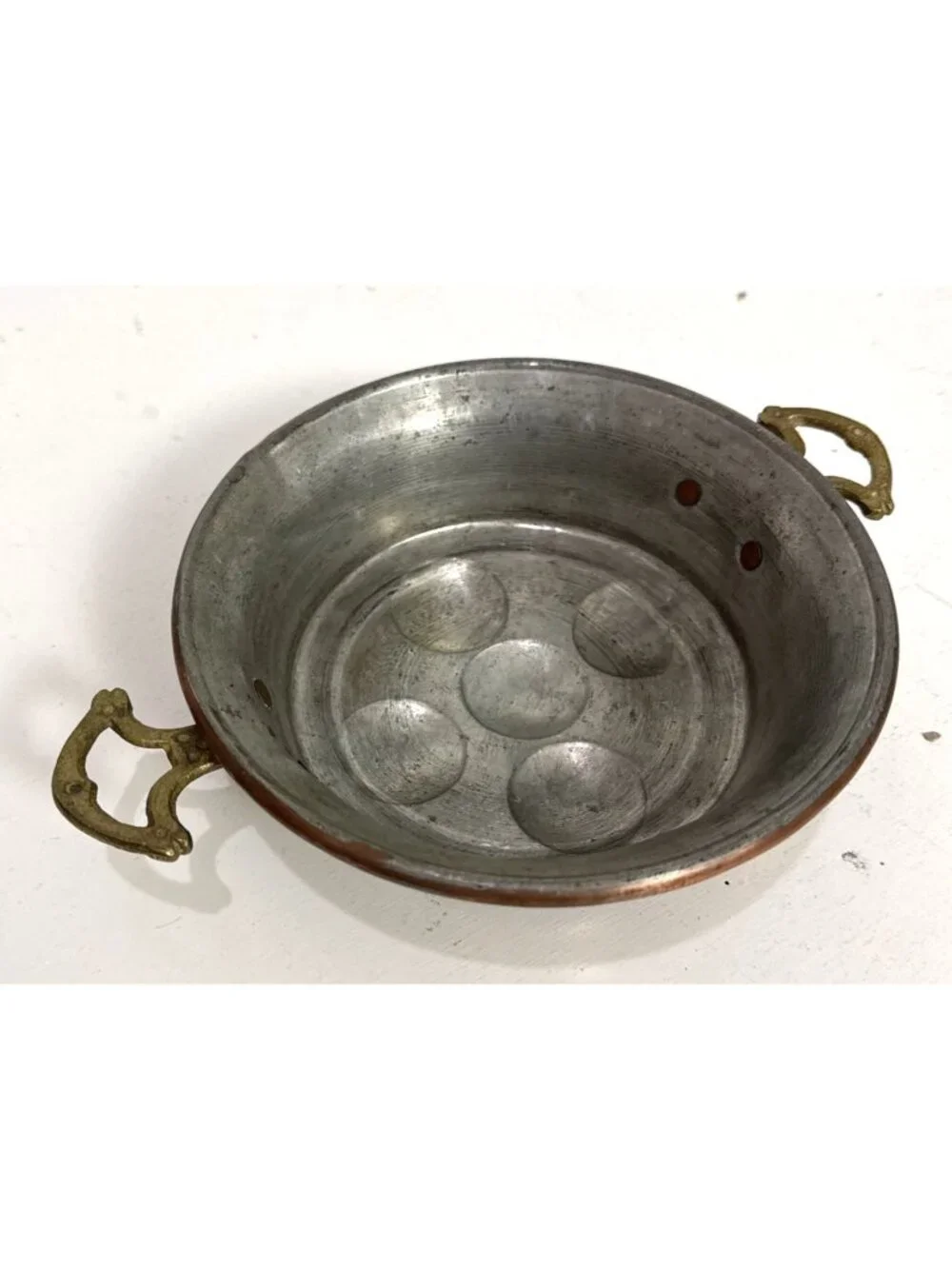 Antique French Copper Brass Handled Egg Poacher Escargot Pan 5 Hole